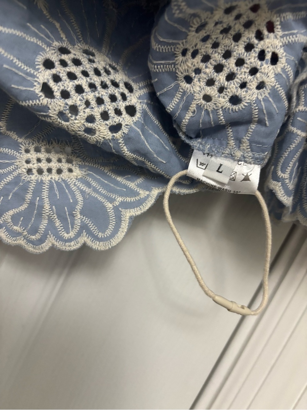 Vita Grace Blue Floral Embroidered Eyelet Cotton Puff Sleeve Blouse Top Size L - Picture 6 of 7